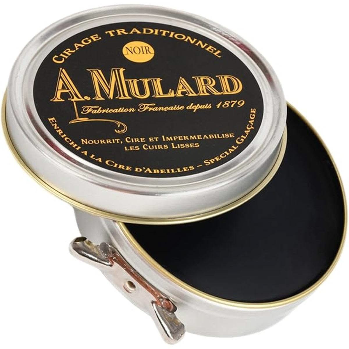 Cirage traditionnel noir Mulard pour chaussures et cuirs lisses, enrichi à la cire d’abeille. Fabriqué en France, nourrit, cire et imperméabilise.
