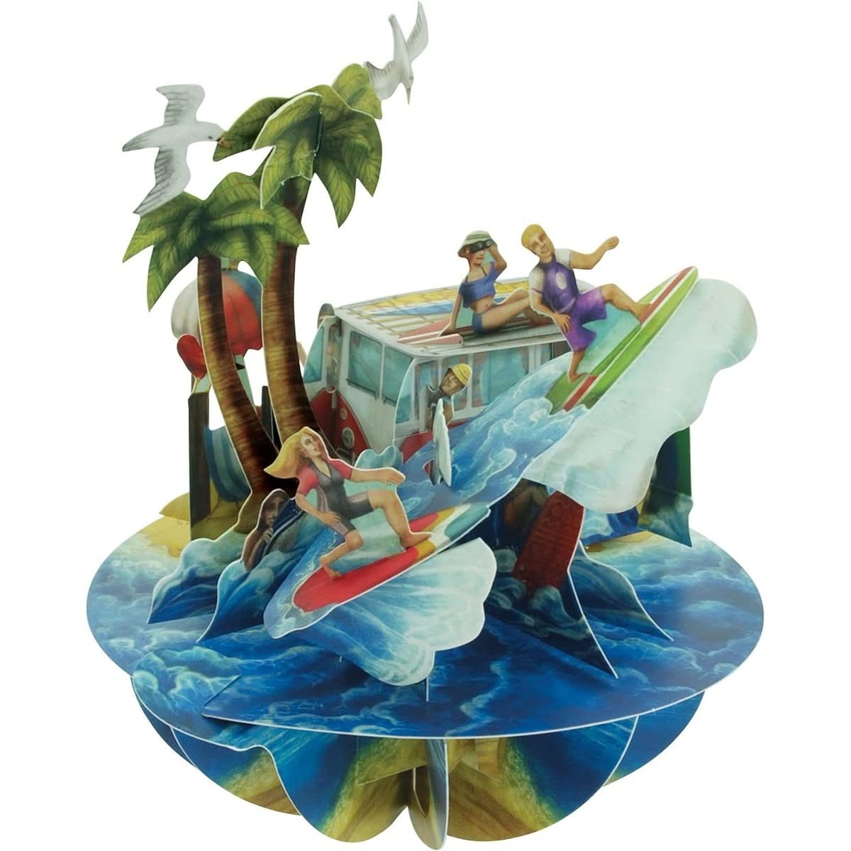 Carte de vœux 3D Santoro Pirouette avec scène de plage et surf. Design détaillé avec surfeurs, vagues et van rétro sous des palmiers.