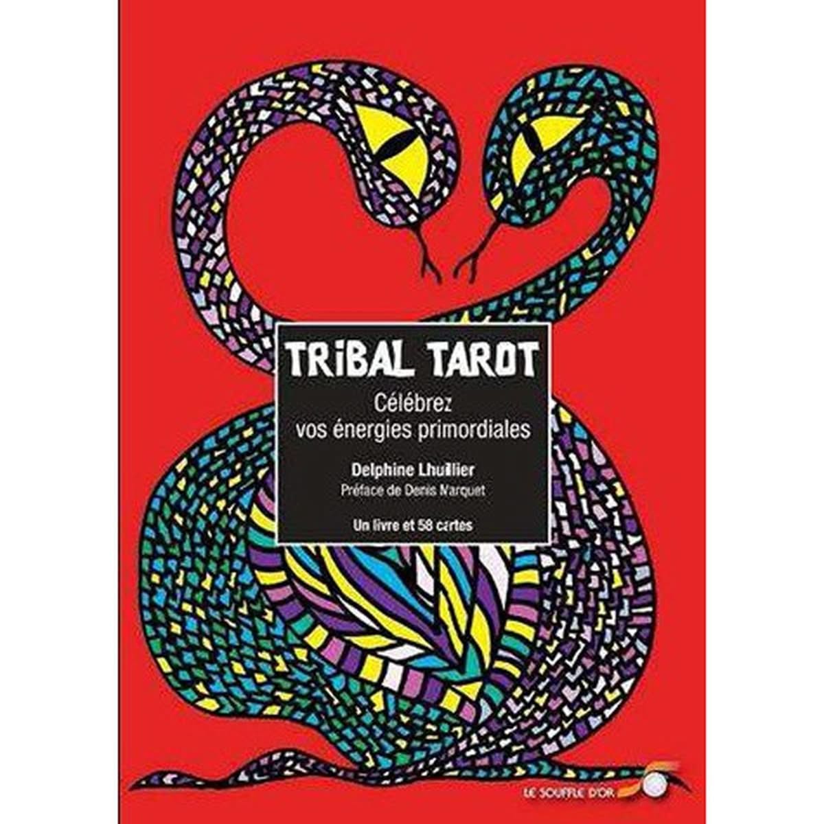Couverture du livre 'Tribal Tarot: Célébrez vos énergies primordiales' avec une illustration colorée de deux serpents entrelacés sur fond rouge.