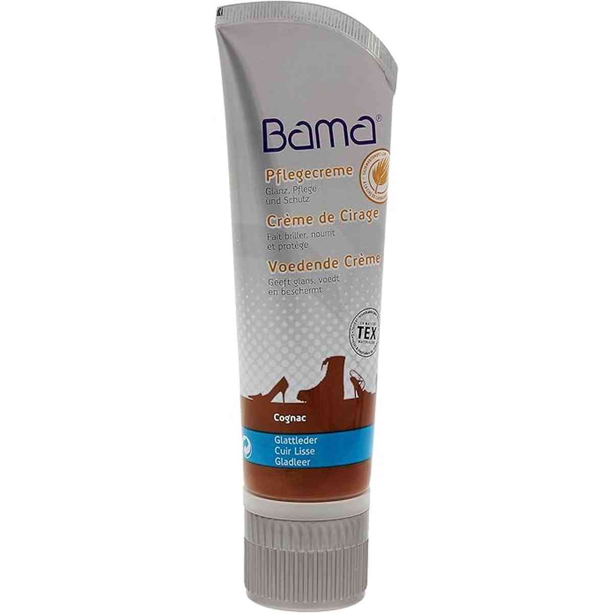 Tube de crème de cirage Bama teinte Cognac pour l'entretien du cuir lisse, format 75ml avec applicateur
