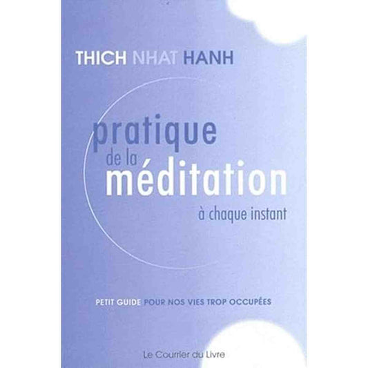Couverture du livre 'Pratique de la méditation à chaque instant - Thich Nhat Hanh' avec un design épuré bleu et blanc. Guide de méditation pour le quotidien.