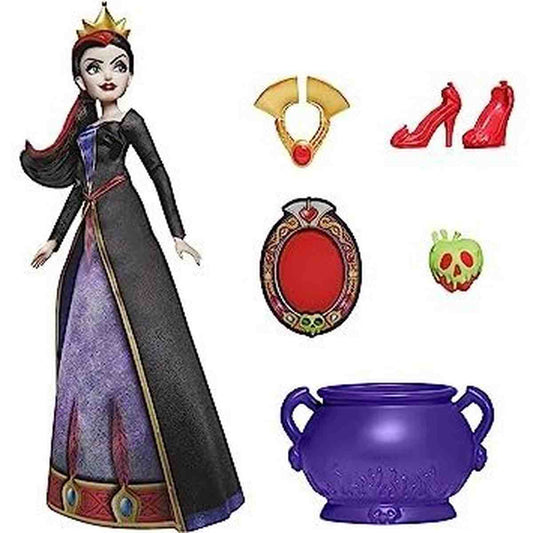Disney Villains, Poupée Mannequin Méchante Reine avec robe élégante, chaussures rouges, collier doré, couronne, chaudron et pomme empoisonnée.