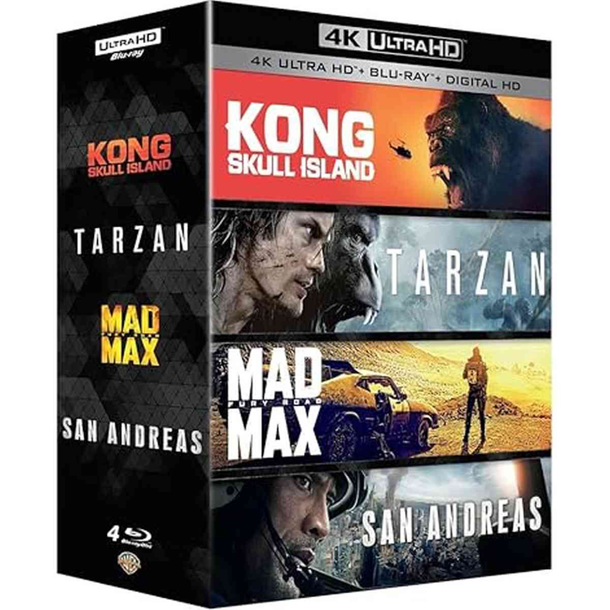 Coffret 4K Ultra HD Warner Bros 4 films action : Kong Skull Island avec King Kong, Tarzan d'Alexander Skarsgård, Mad Max Fury Road de George Miller, San Andreas avec Dwayne Johnson