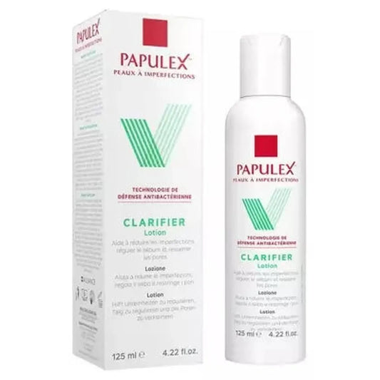 Papulex lotion clarifier acné 125 ml avec boîte, soin purifiant pour peaux à imperfections, réduit les pores et régule le sébum.