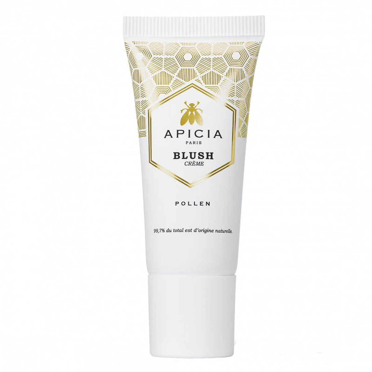 Apicia blush crème au pollen dans un tube élégant blanc avec motifs dorés, maquillage naturel pour un effet bonne mine.