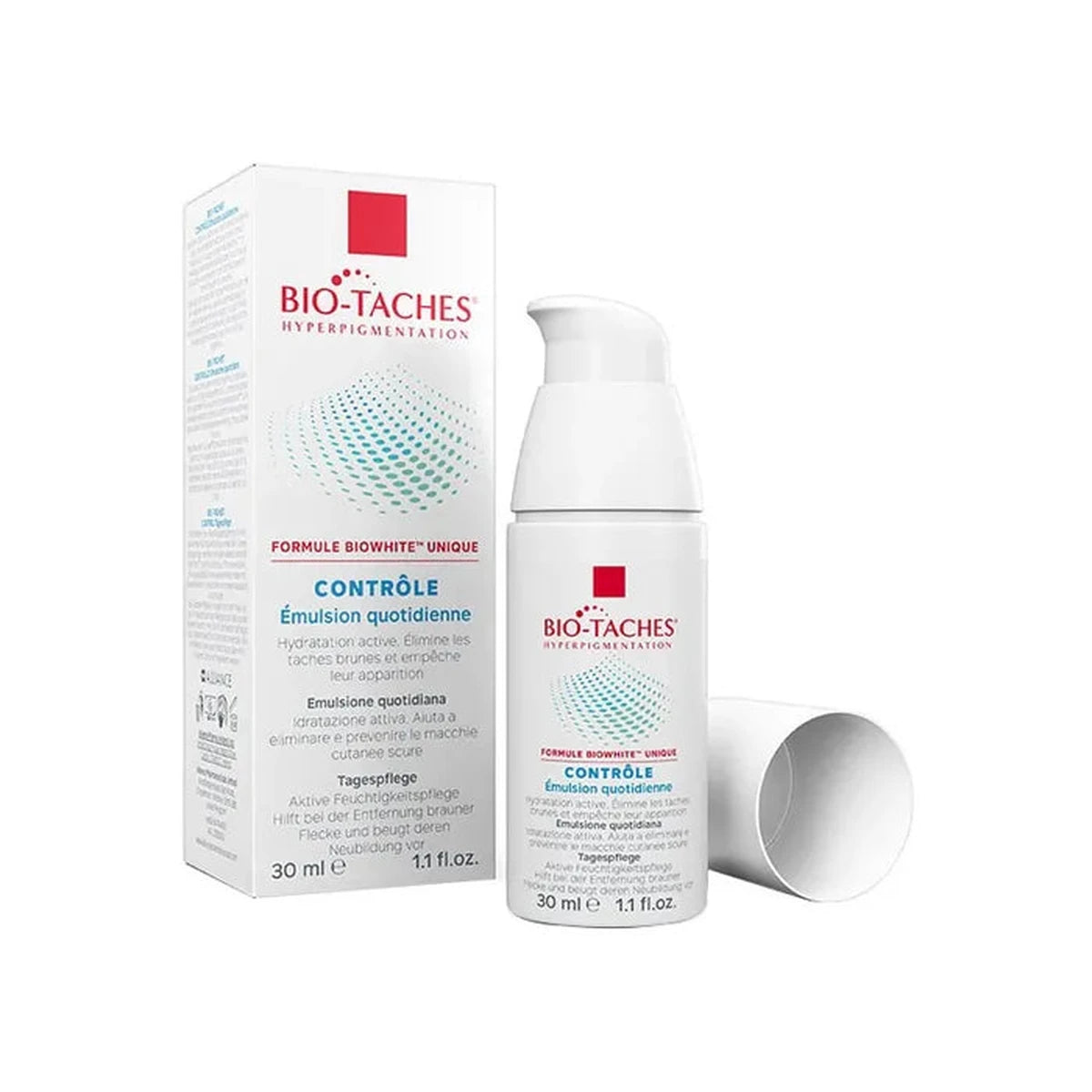 Bio Taches hyperpigmentation Contrôle Émulsion Quotidienne, soin anti-tache pour atténuer les taches brunes et unifier le teint. Formule hydratante 30 ml.