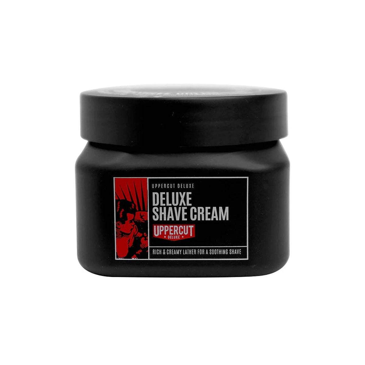 Pot de crème à raser Uppercut Deluxe, noir avec étiquette rouge et blanche