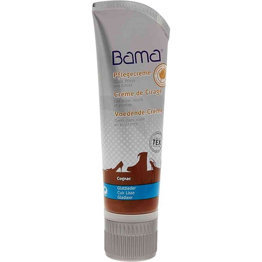 Tube de crème de cirage Bama teinte Cognac pour l'entretien du cuir lisse, format 75ml avec applicateur