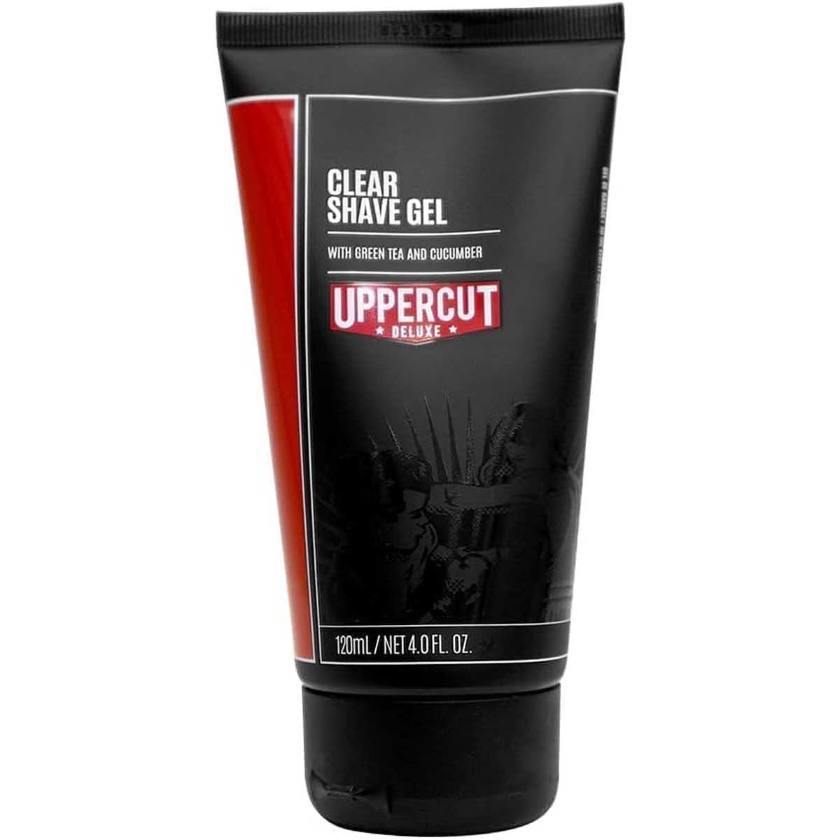 gel de rasage transparent de la marque Uppercut Deluxe. L'emballage est principalement noir avec des accents rouges et blancs. Le produit contient du thé vert et du concombre, et la contenance est de 120 ml