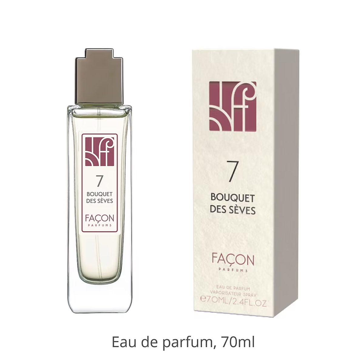 Flacon élégant de l'Eau de parfum Façon 7 Bouquets des Sèves 70 ml avec son étui assorti, parfum unisexe aux notes florales et toniques.