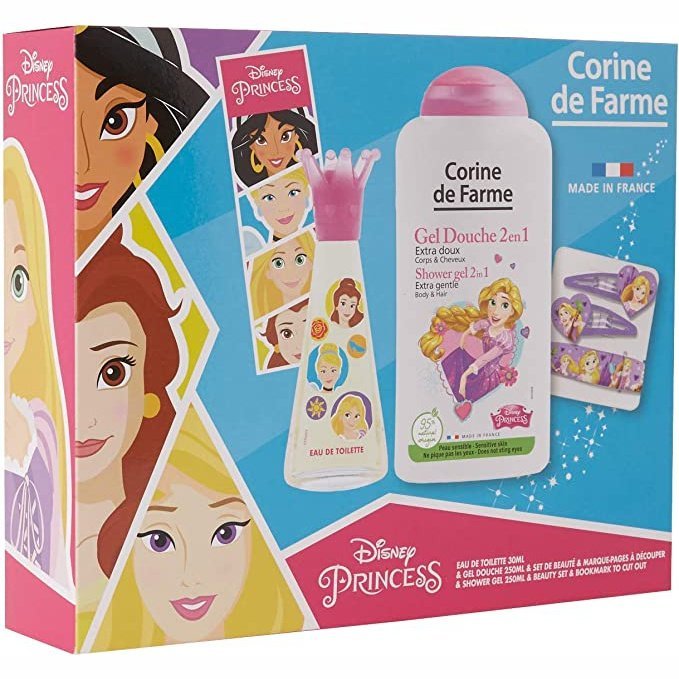 Corine De Farme | Princesses Coffret Cadeau | Disney| Eau de toilette Enfant 30ml | Gel Douche 250ml | Bracelet |Barrettes